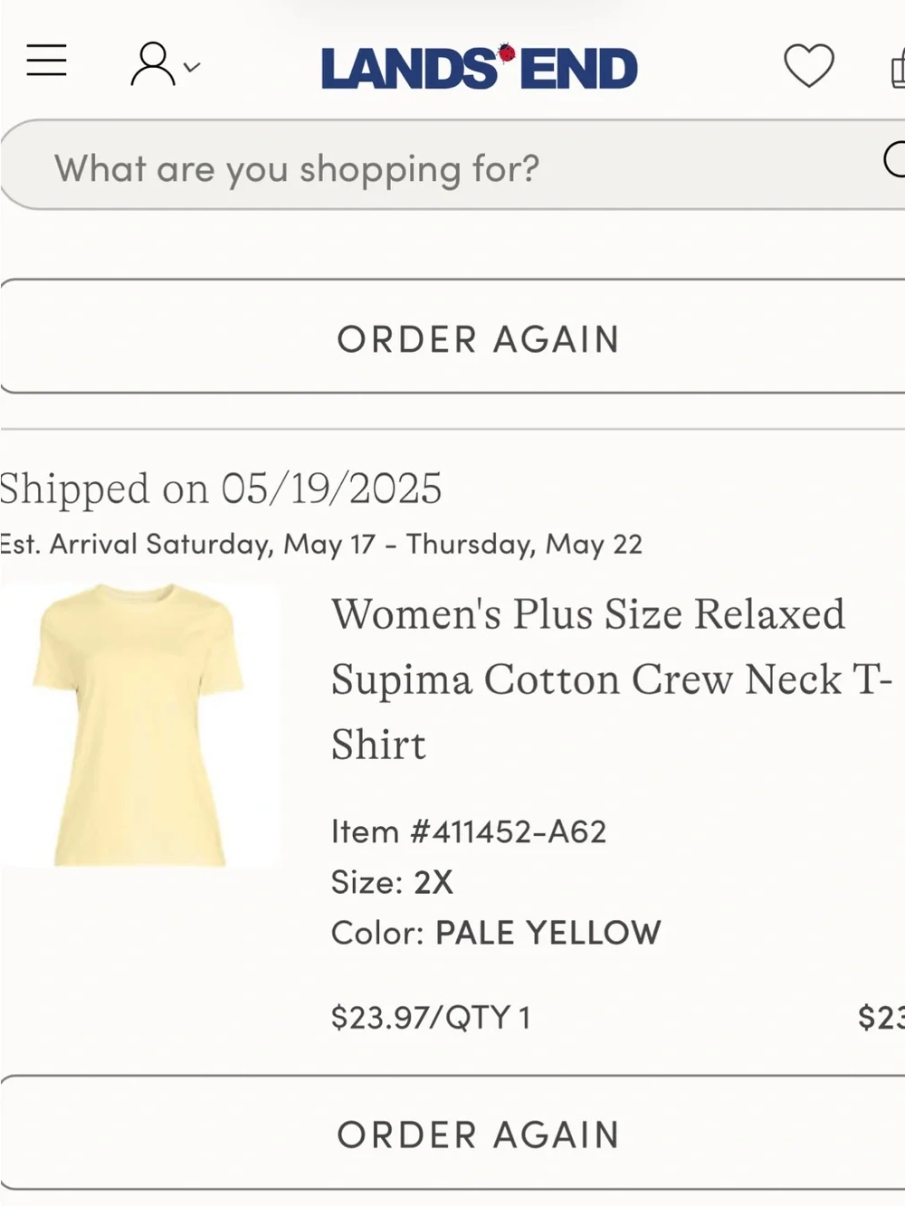 Lands End Soft Yellow Supima Cotton Relaxed Fit Crewneck Tee